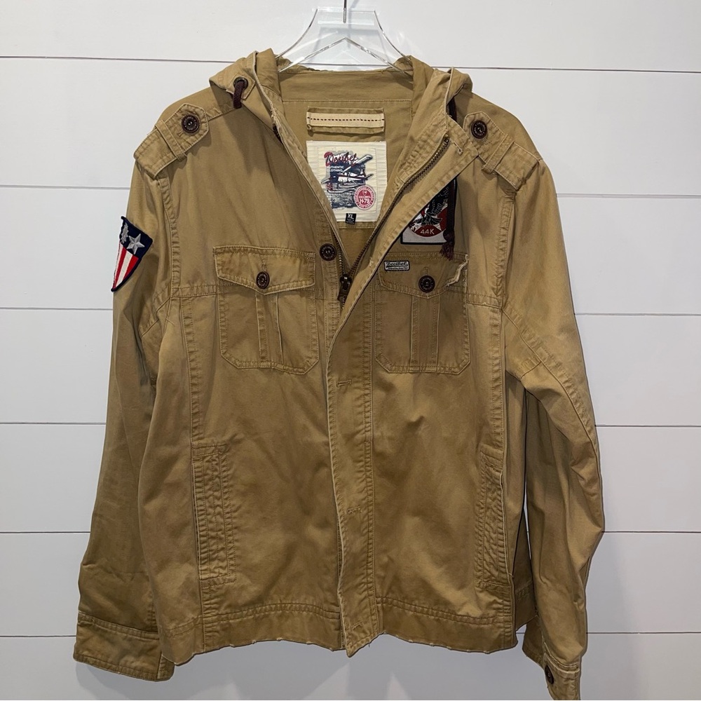 Decibel Military Tan Hooded Jacket with Patches Womens Size XL